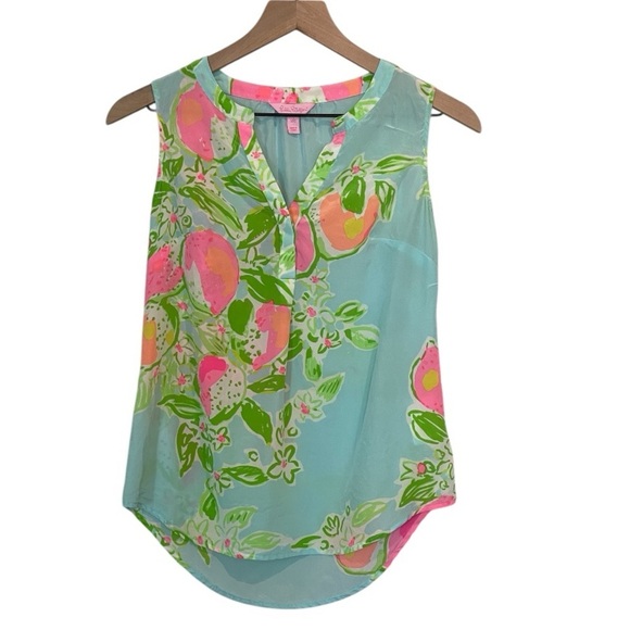 Lilly Pulitzer Stacey Floral Sleeveless Blouse - Blue and Pink, 100% Silk, XXS - Picture 2 of 14